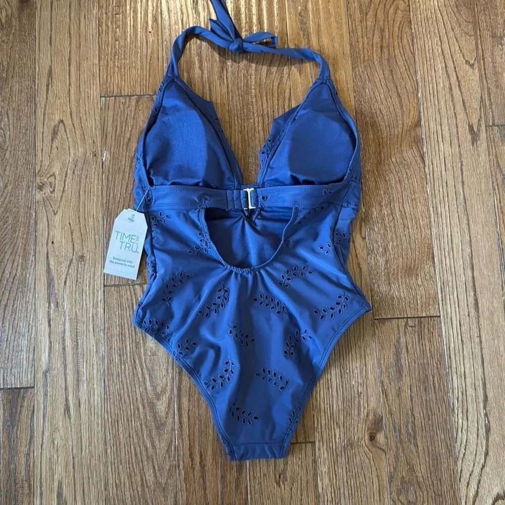 Time and Tru NWT navy eyelet halter one piece swimsuit small
